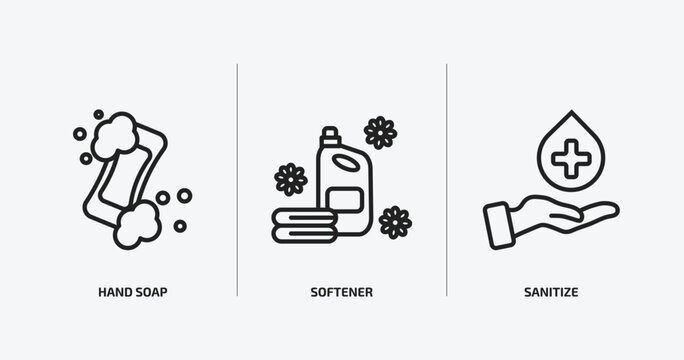 cleaning outline icons set. cleaning icons such as hand soap, softener, sanitize vector. can be used web and mobile.