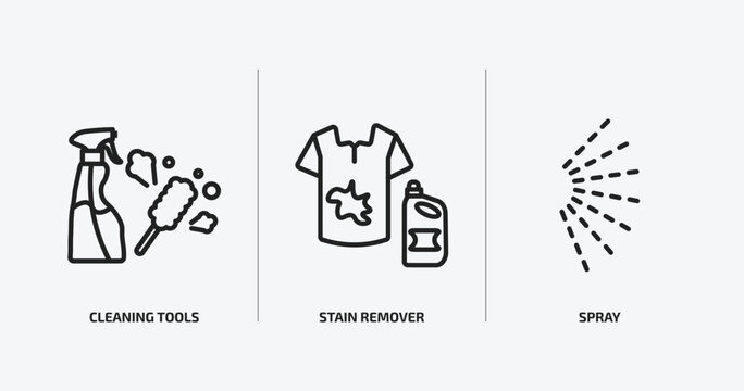 cleaning outline icons set. cleaning icons such as cleaning tools, stain remover, spray vector. can be used web and mobile.