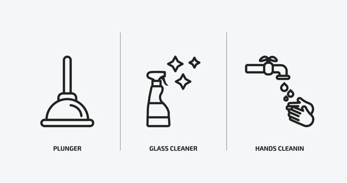cleaning outline icons set. cleaning icons such as plunger, glass cleaner, hands cleanin vector. can be used web and mobile.