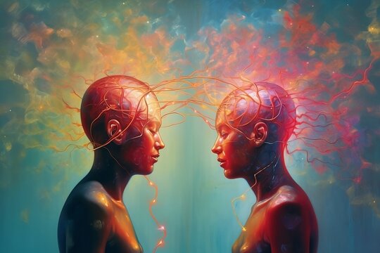 Illustration, two people connecting. Concept for telepathy, mind-reading, empathy, communication. Generative AI