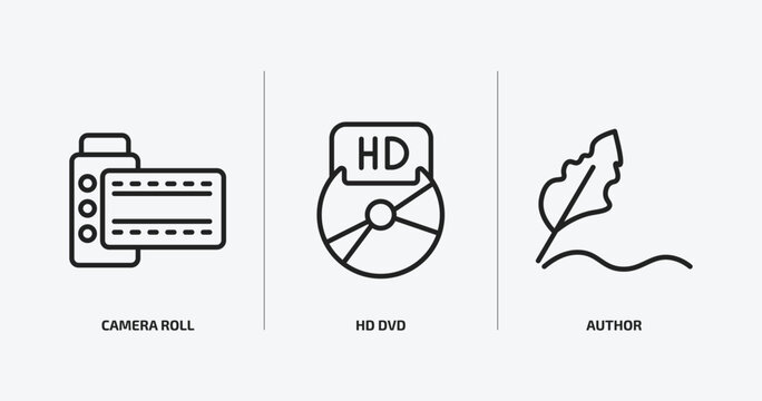 cinema outline icons set. cinema icons such as camera roll, hd dvd, author vector. can be used web and mobile.