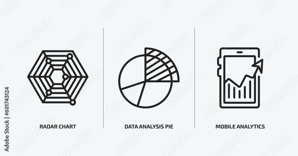 Poster business and analytics outline icons set. business and analytics icons such as radar chart, data ana
