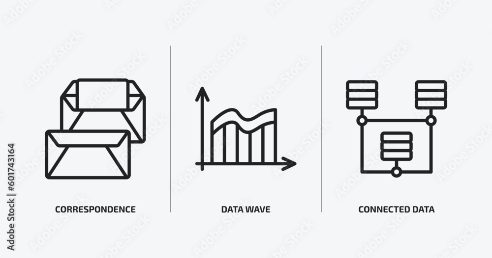Poster business and analytics outline icons set. business and analytics icons such as correspondence, data 
