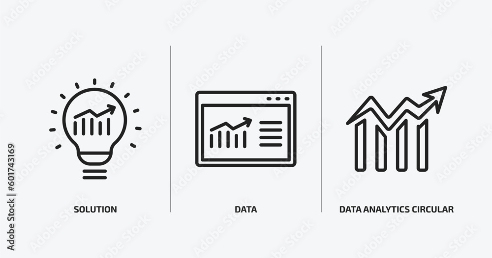Poster business and analytics outline icons set. business and analytics icons such as solution, data, data 