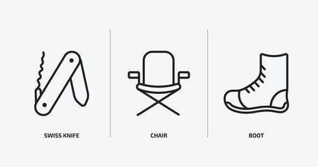 camping outline icons set. camping icons such as swiss knife, chair, boot vector. can be used web and mobile.