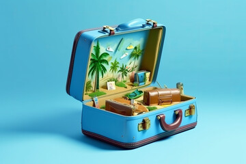 Travel in suitcase on blue background in the style of british topographical - Generative AI