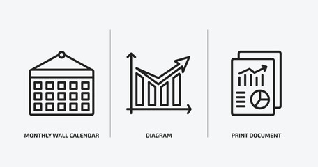 business and finance outline icons set. business and finance icons such as monthly wall calendar, diagram, print document vector. can be used web and mobile.