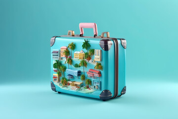 Blue travel suitcase with funny vacation souvenirs on the outside against blue background - Generative AI