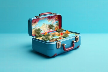 Fashionable blue suitcase with funny interior - Generative AI