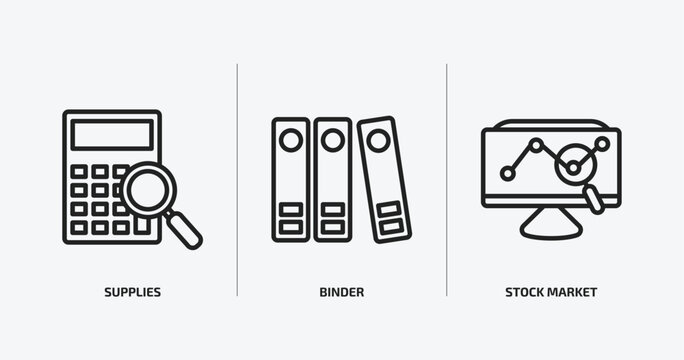 business and analytics outline icons set. business and analytics icons such as supplies, binder, stock market vector. can be used web and mobile.