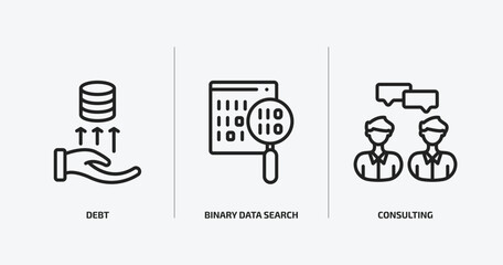 business and analytics outline icons set. business and analytics icons such as debt, binary data search, consulting vector. can be used web and mobile.
