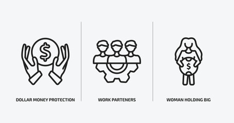 business outline icons set. business icons such as dollar money protection, work parteners, woman holding big coin vector. can be used web and mobile.