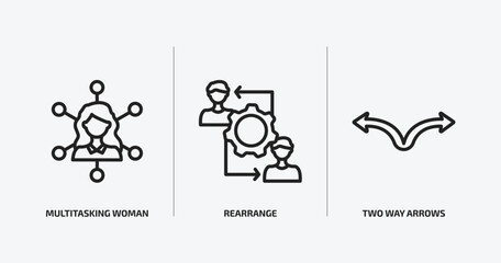 business outline icons set. business icons such as multitasking woman, rearrange, two way arrows vector. can be used web and mobile.