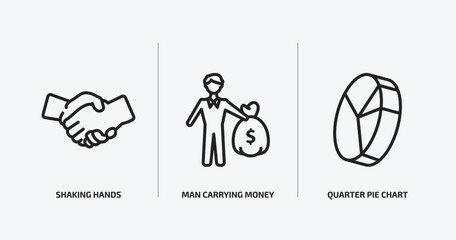 business outline icons set. business icons such as shaking hands, man carrying money, quarter pie chart vector. can be used web and mobile.