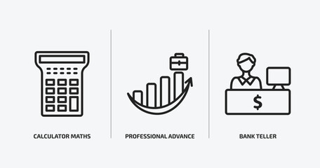 business outline icons set. business icons such as calculator maths tool, professional advance, bank teller vector. can be used web and mobile.