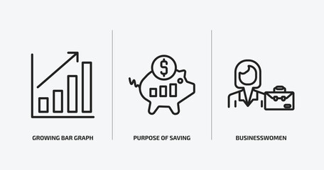 business outline icons set. business icons such as growing bar graph, purpose of saving money, businesswomen vector. can be used web and mobile.