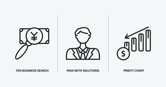 business outline icons set. business icons such as yen business search, man with solutions, profit chart vector. can be used web and mobile.