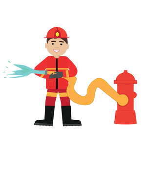 fireman holding water hose. Vector illustration.