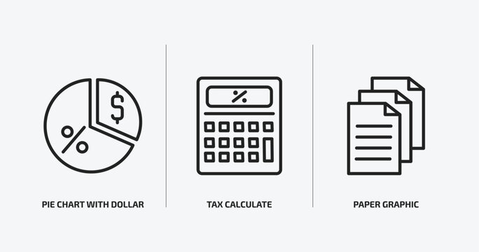 business outline icons set. business icons such as pie chart with dollar, tax calculate, paper graphic vector. can be used web and mobile.