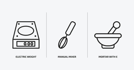 bistro and restaurant outline icons set. bistro and restaurant icons such as electric weight scale, manual mixer, mortar with e vector. can be used web and mobile.