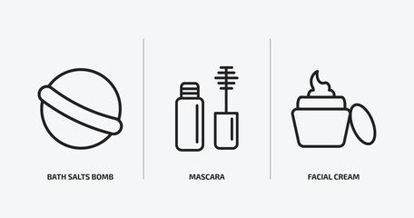 beauty outline icons set. beauty icons such as bath salts bomb, mascara, facial cream vector. can be used web and mobile.