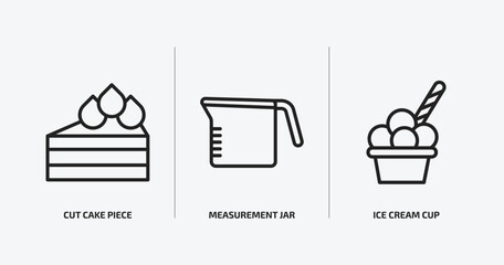 bistro and restaurant outline icons set. bistro and restaurant icons such as cut cake piece, measurement jar, ice cream cup vector. can be used web and mobile.