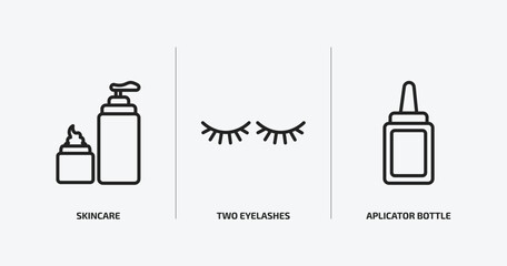 beauty outline icons set. beauty icons such as skincare, two eyelashes, aplicator bottle vector. can be used web and mobile.