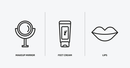 beauty outline icons set. beauty icons such as makeup mirror, feet cream, lips vector. can be used web and mobile.