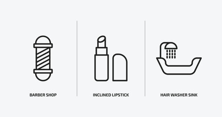 beauty outline icons set. beauty icons such as barber shop, inclined lipstick, hair washer sink vector. can be used web and mobile.