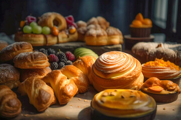 Freshly baked sweet buns puff pastry on old wooden background. Assortment of delicious freshly baked sweet and puff pastry. Generative AI - obrazy, fototapety, plakaty