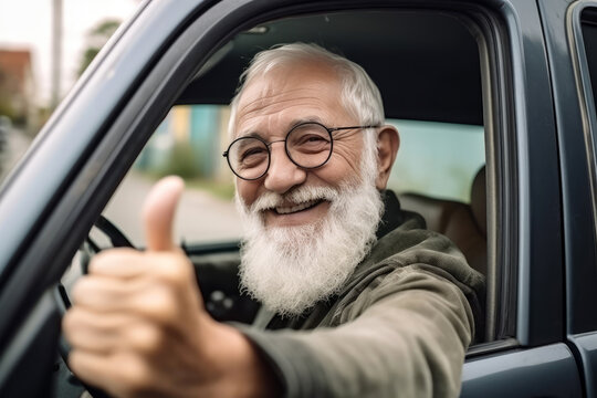 Rentner im Auto mit Daumen oben - Generative AI