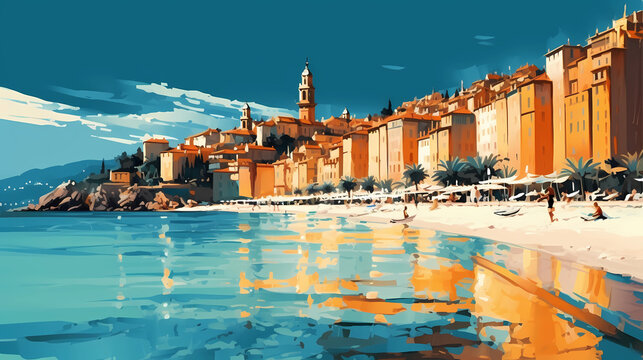 Illustration of beautiful view of Menton, France