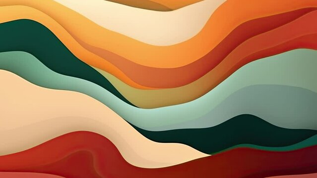 Abstract earth tones liquid motion video background, colored layered forms, wave paper cut, multi-layered color fields, folding graphics, sculptural paper fluid with slow dissolving effect