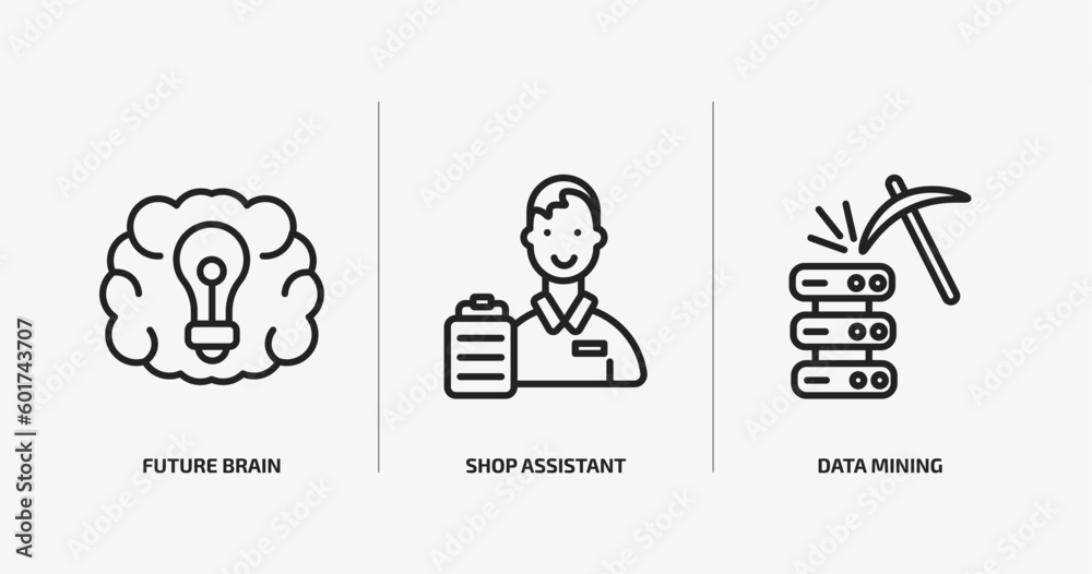 Poster artificial intellegence outline icons set. artificial intellegence icons such as future brain, shop 