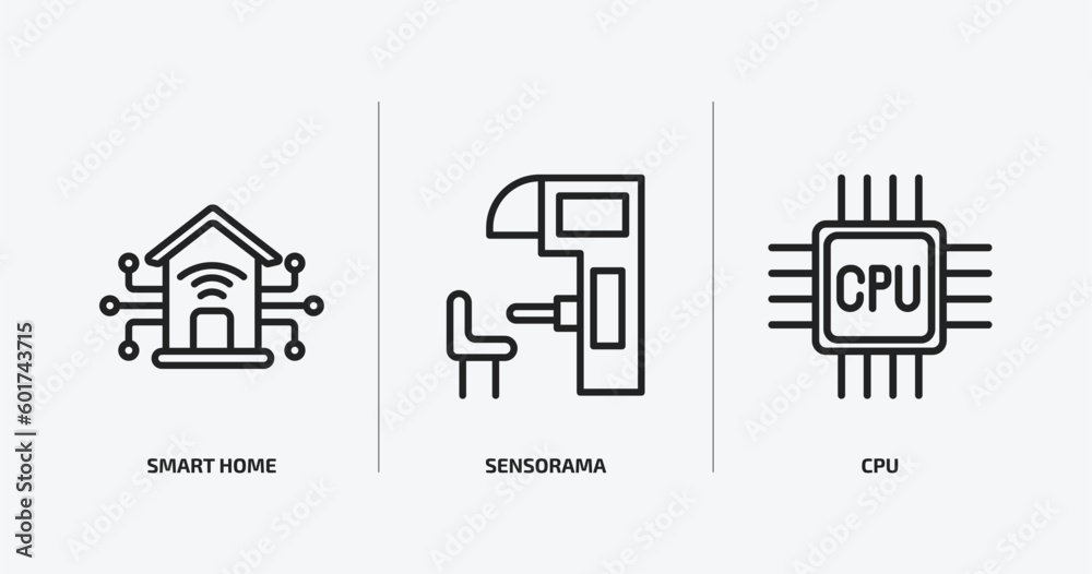 Poster artificial intellegence outline icons set. artificial intellegence icons such as smart home, sensora
