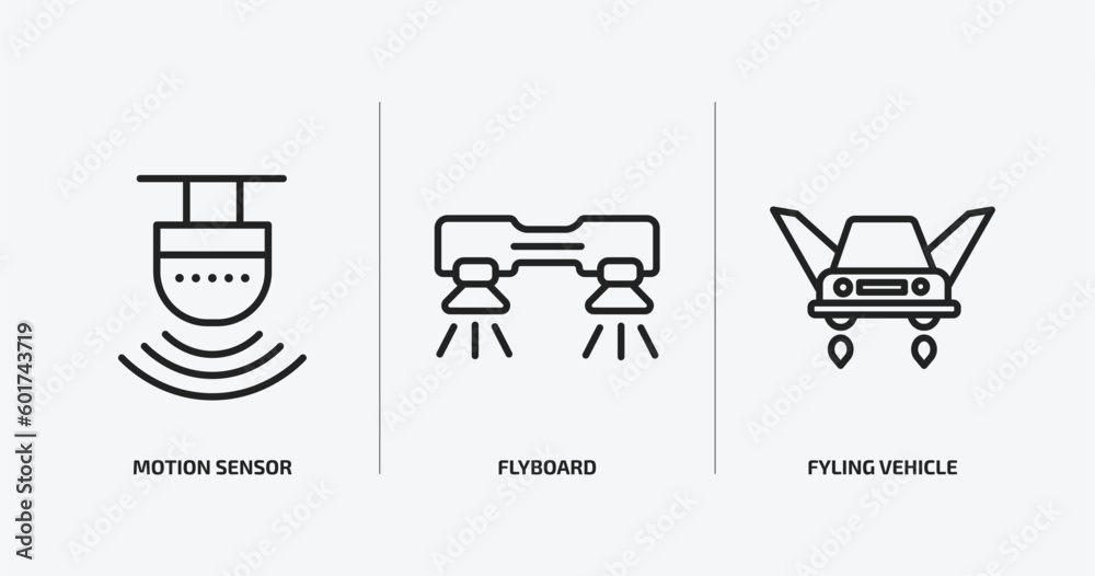 Poster artificial intellegence outline icons set. artificial intellegence icons such as motion sensor, flyb