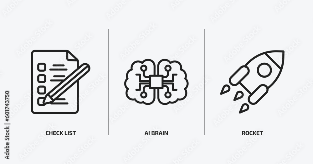 Poster artificial intellegence outline icons set. artificial intellegence icons such as check list, ai brai