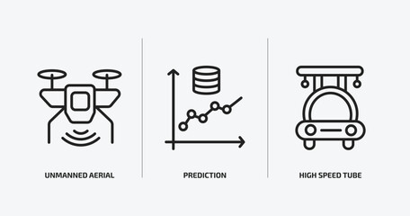 artificial intellegence outline icons set. artificial intellegence icons such as unmanned aerial vehicle, prediction, high speed tube vector. can be used web and mobile.