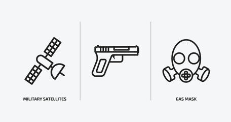 army and war outline icons set. army and war icons such as military satellites, , gas mask vector. can be used web and mobile.
