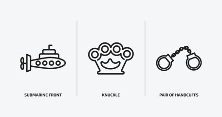 army and war outline icons set. army and war icons such as submarine front view, knuckle, pair of handcuffs vector. can be used web and mobile.