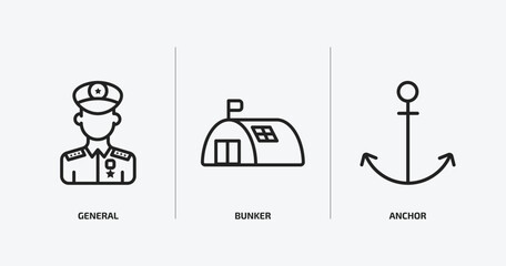army and war outline icons set. army and war icons such as general, bunker, anchor vector. can be used web and mobile.
