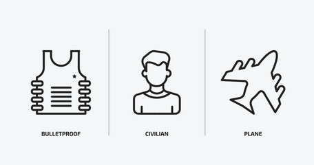 army and war outline icons set. army and war icons such as bulletproof, civilian, plane vector. can be used web and mobile.