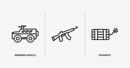 army and war outline icons set. army and war icons such as armored vehicle, , dynamite vector. can be used web and mobile.