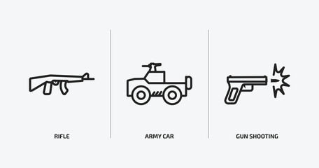 army and war outline icons set. army and war icons such as rifle, army car, gun shooting vector. can be used web and mobile.
