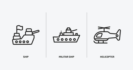 army and war outline icons set. army and war icons such as ship, militar ship, helicopter vector. can be used web and mobile.
