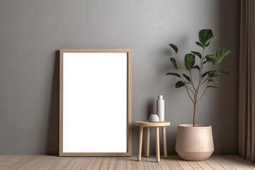 Blank wooden picture frame mockup on wall in modern interior. Vertical artwork template mock up for artwork, painting, photo or poster in interior design with Generative AI technology