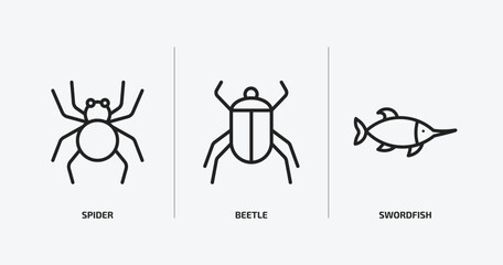 animals outline icons set. animals icons such as spider, beetle, swordfish vector. can be used web and mobile.