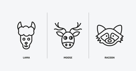 animals outline icons set. animals icons such as lama, moose, racoon vector. can be used web and mobile.