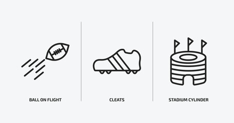 american football outline icons set. american football icons such as ball on flight, cleats, stadium cylinder vector. can be used web and mobile.