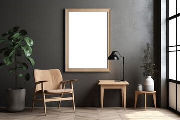 Fototapeta premium Blank wooden picture frame mockup on wall in modern interior. Vertical artwork template mock up for artwork, painting, photo or poster in interior design with Generative AI technology